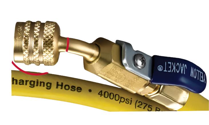 YELLOW PLUS II™ HOSE, 60" ¼” LH TO ¼” RH, 45° W/ BALL VALVE - A2L COMPATIBLE