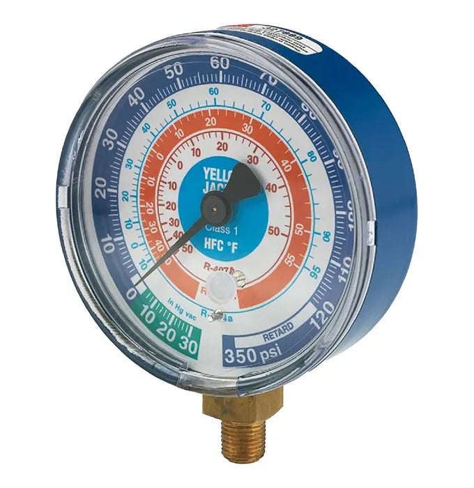 3-1/8" DRY COMPOUND GAUGE, BLUE °F AND °C, BAR/PSI, 1/8" NPT MALE CONNECTION, R32/410A